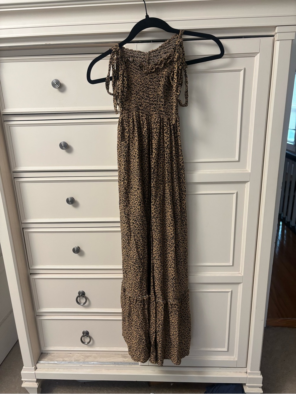 Smocked Leopard Print Maxi Dress in Tan
